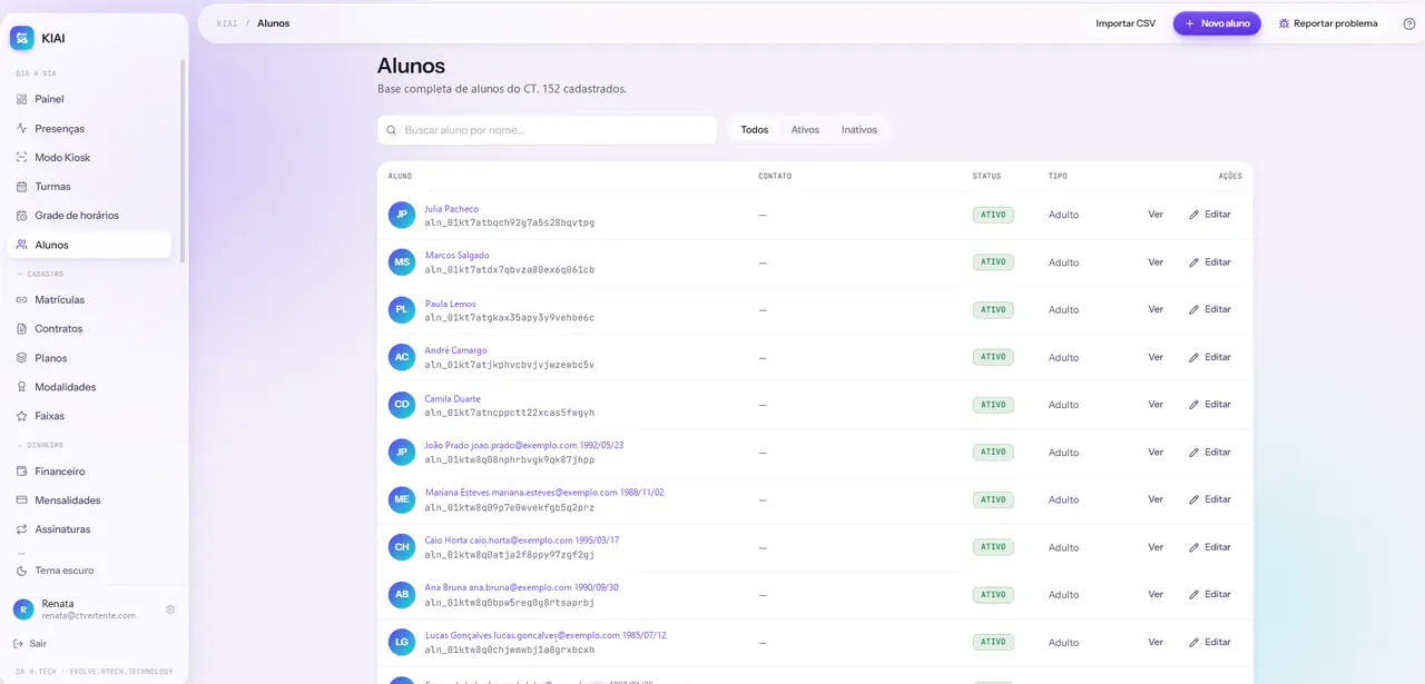 Base de alunos, com nome e contato fictícios