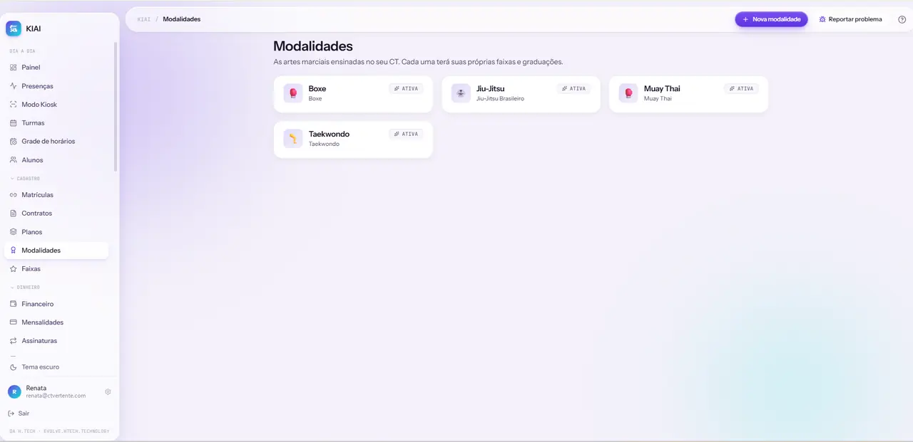 Modalidades, cada uma com as próprias faixas e graduações