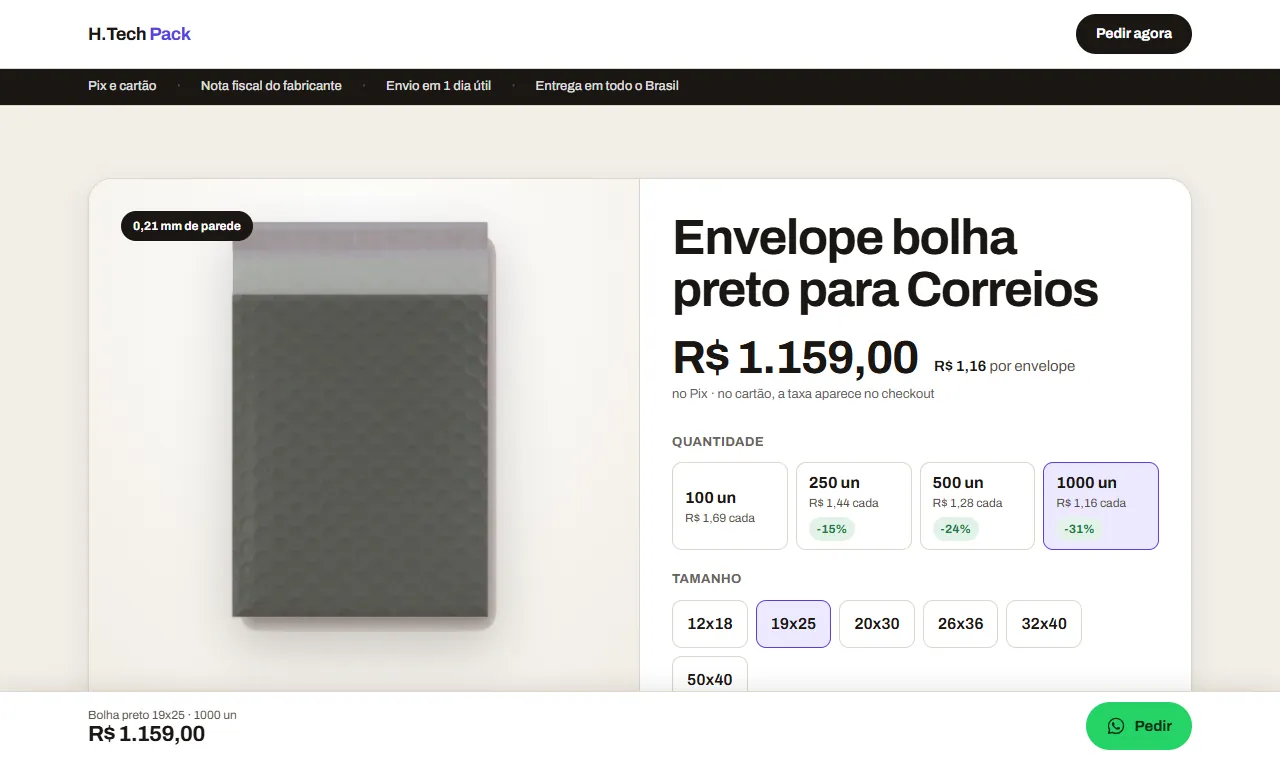 A página de compra: tamanho, quantidade e o preço por envelope na mesma tela