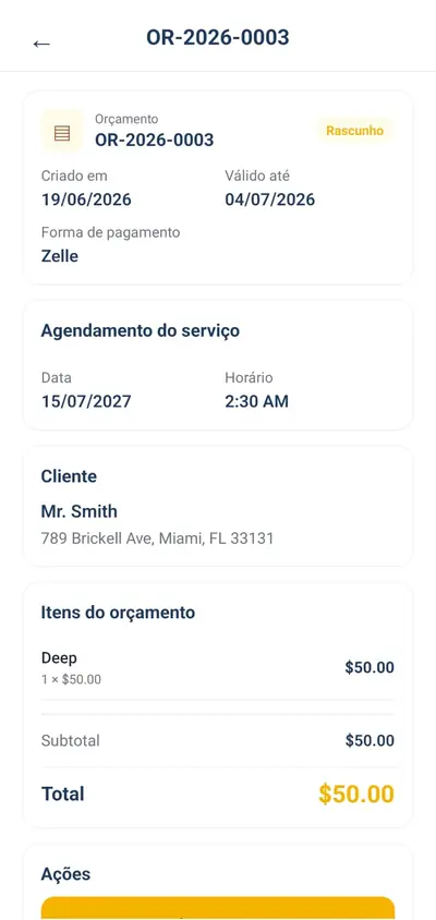 Orçamento: itens, validade, forma de pagamento e agendamento